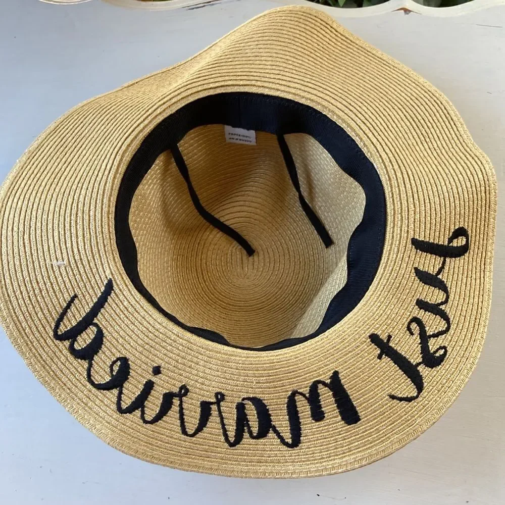 C.C Floppy Paper Straw Wide Brim Hat Embroidered Just Married OS